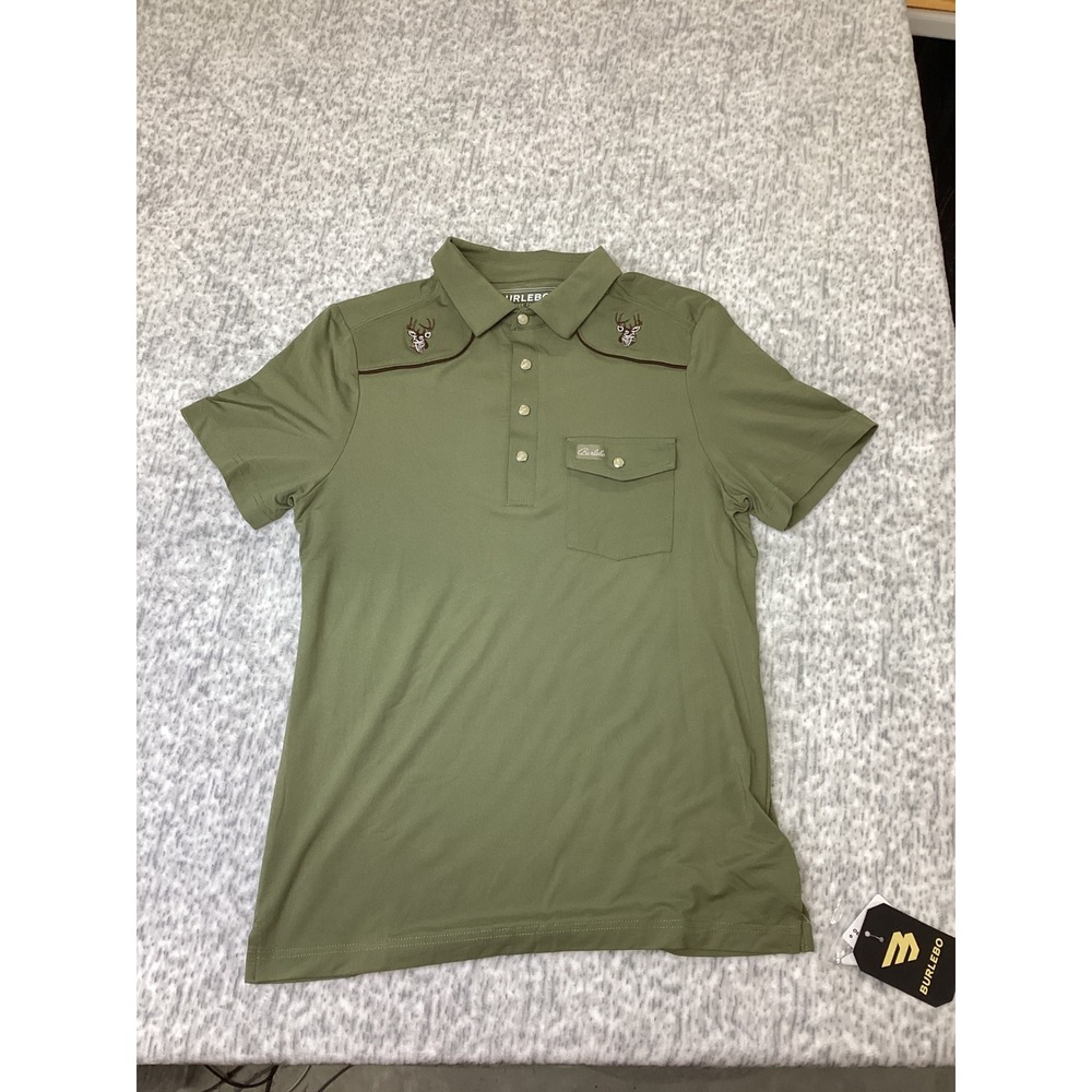 Burlebo Mens Pearl Snap Performance Polo Green Deer Embroidered Small PSPP-WTD